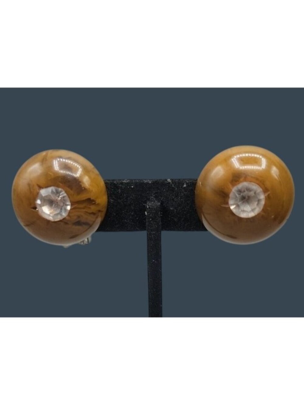 Vintage Rootbeer Bakelite Headlight Clip On Earrings Dome Button Marbled Brown